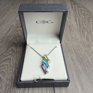 CBC Sterling Silver Multi Color Triple Baguette Cut CZ Pendant Necklace